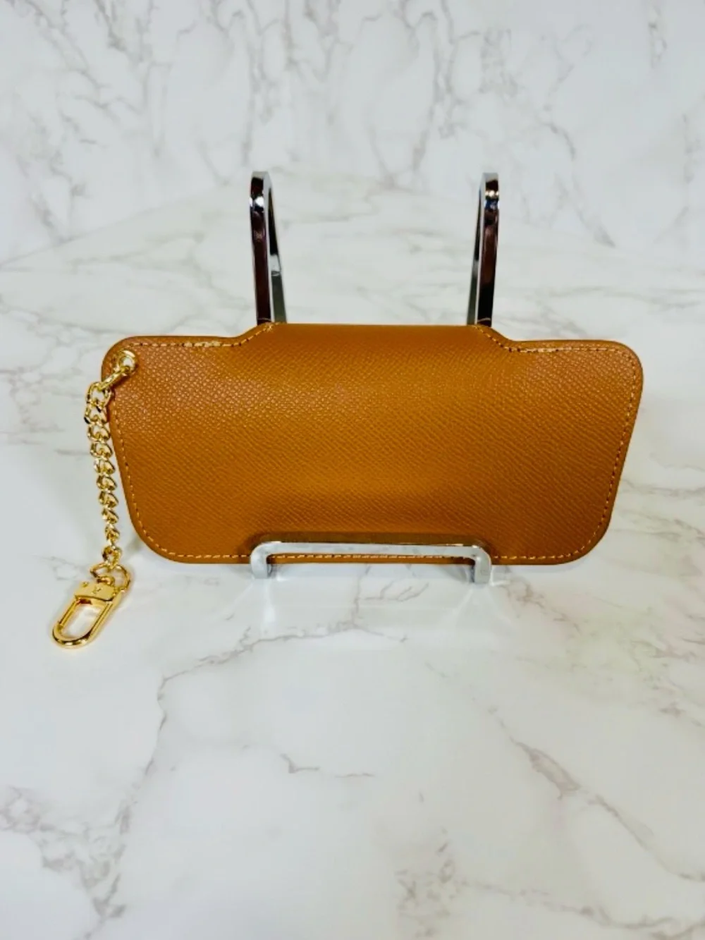 EYEGLASS CASE: Monogram Tan & Beige Pleather w/Golden Chain w/Clasp, NWOT